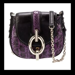 Diane von Furstenberg Black Leather Purple Snakeskin Crossbody Bag Silver Buckle